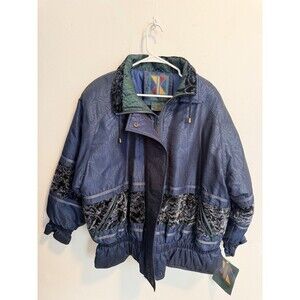 Vintage Komitor Women's Jacket 18W Short Zip Pockets Long Sleeve Floral Blue